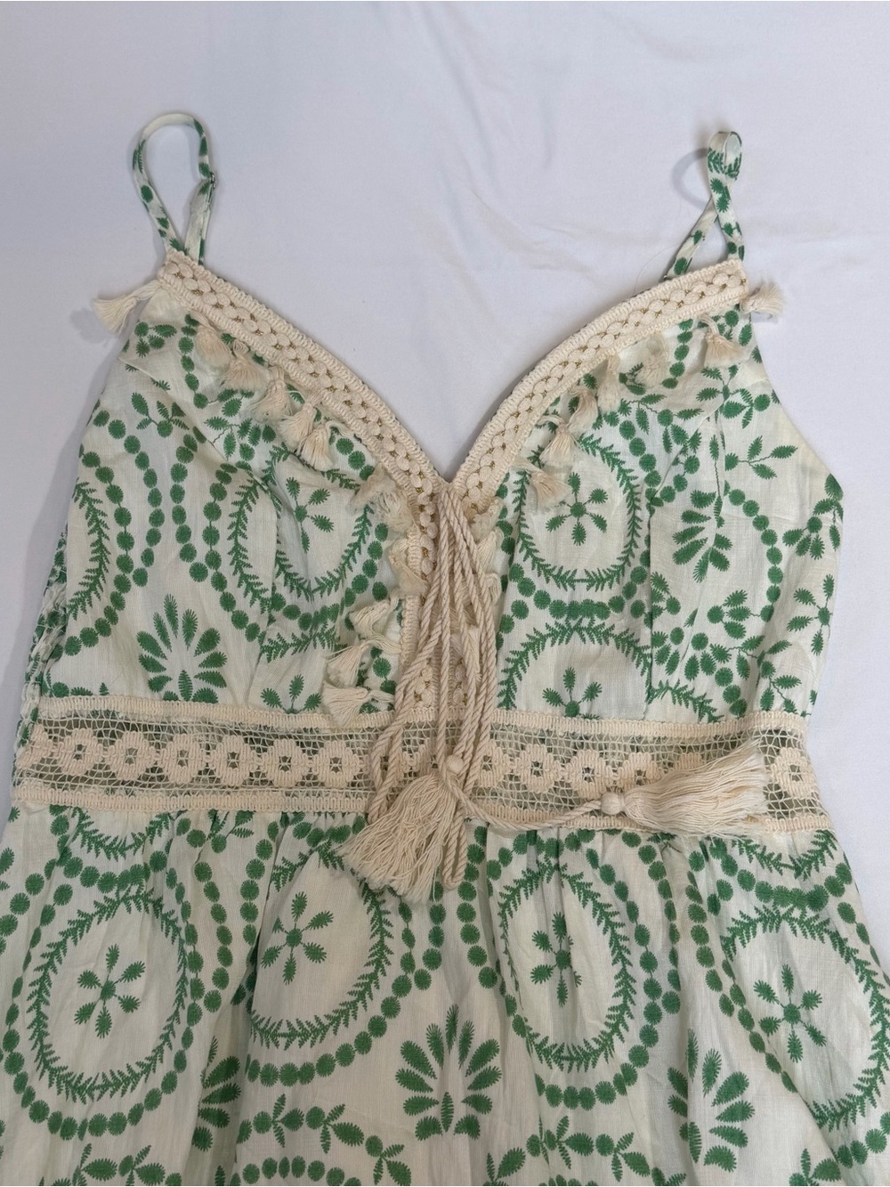 CUPSHE Green White Floral Maxi Dress V-Neck Crochet Tassel Drawstring Lined L